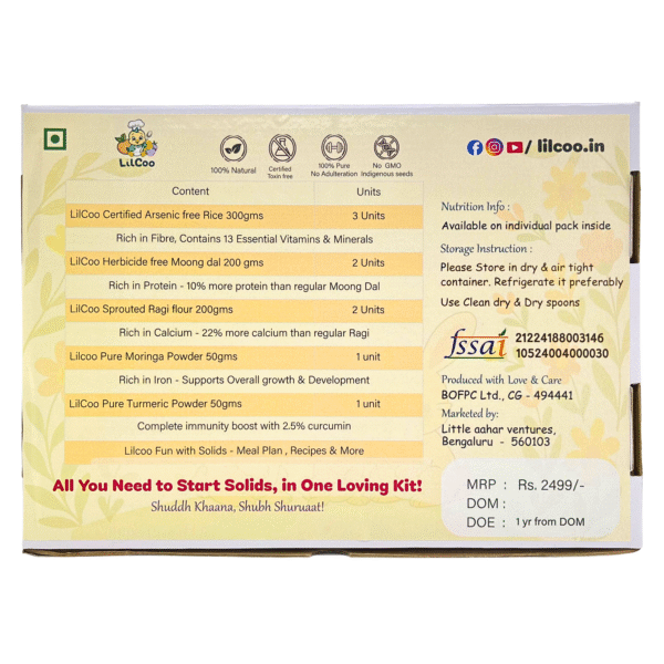 LilCoo Solids Start Essential Kit with FREE Guide to Starting Solids | Rice (900 gms), Moong dal (400 gms), Sprouted Ragi/Nachani Flour (400 gms), Turmeric Powder & Moringa leaf powder combo - Image 4