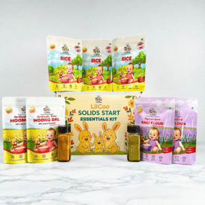 LilCoo Solids Start Essential Kit with FREE Guide to Starting Solids | Rice (900 gms), Moong dal (400 gms), Sprouted Ragi/Nachani Flour (400 gms), Turmeric Powder & Moringa leaf powder combo