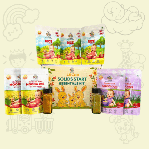 LilCoo Solids Start Essential Kit with FREE Guide to Starting Solids | Rice + Moong dal + Sprouted Ragi/Nachani Flour + Turmeric Powder + Moringa leaf powder | Certified 0 Toxins | Annaprashana - Chorunnu Gift pack | Organic Baby Food | Age - 6+ Months
