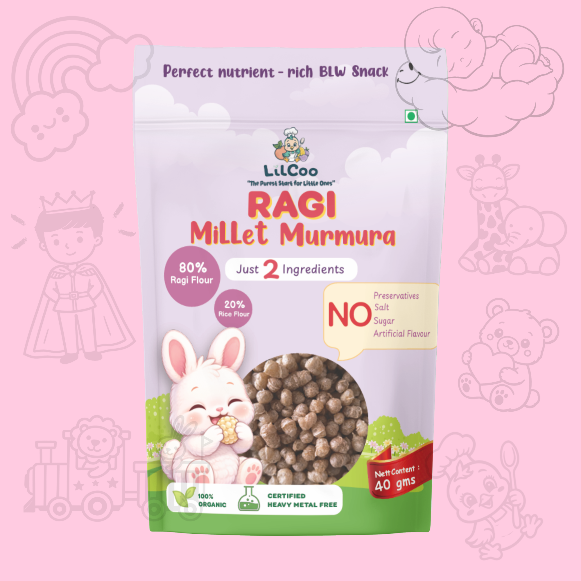 LilCoo Ragi Millet Murmura (40 gms) | Just 2 ingredients | No sugar No salt No presevatives | Perfect BLW snack - Melts in the mouth | Safe & Gentle on Tummy | Age - 8+ months